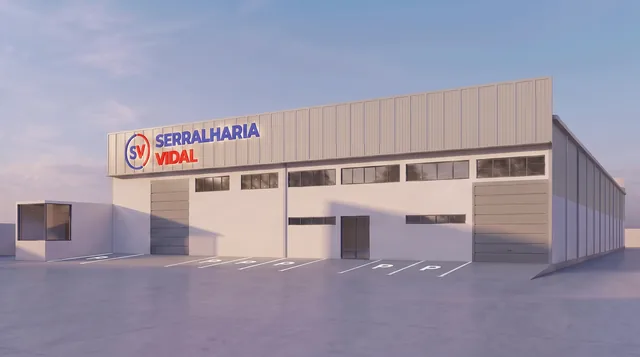 Render da sede da Serralharia Vidal — fachada com letreiro retroiluminado Serralharia Vidal