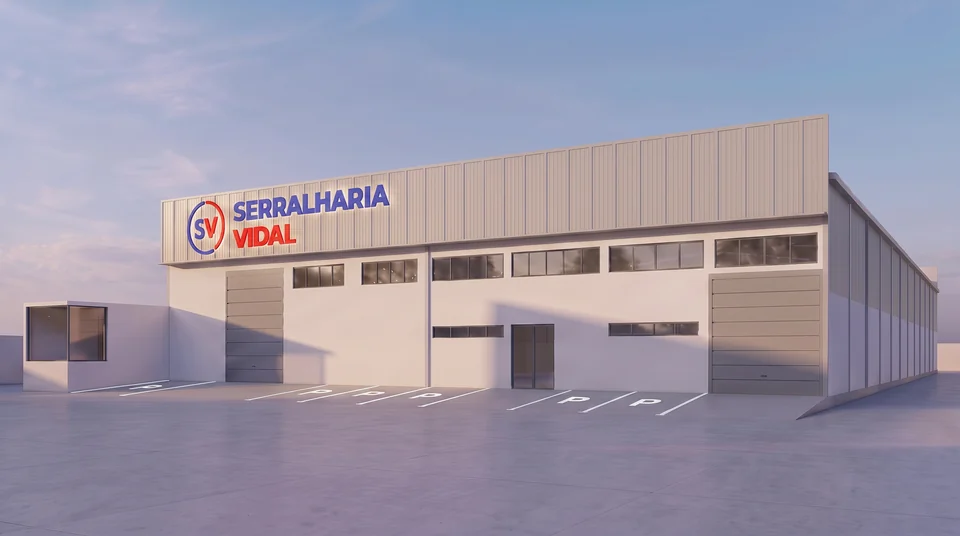 Render da sede da Serralharia Vidal — fachada com letreiro retroiluminado Serralharia Vidal